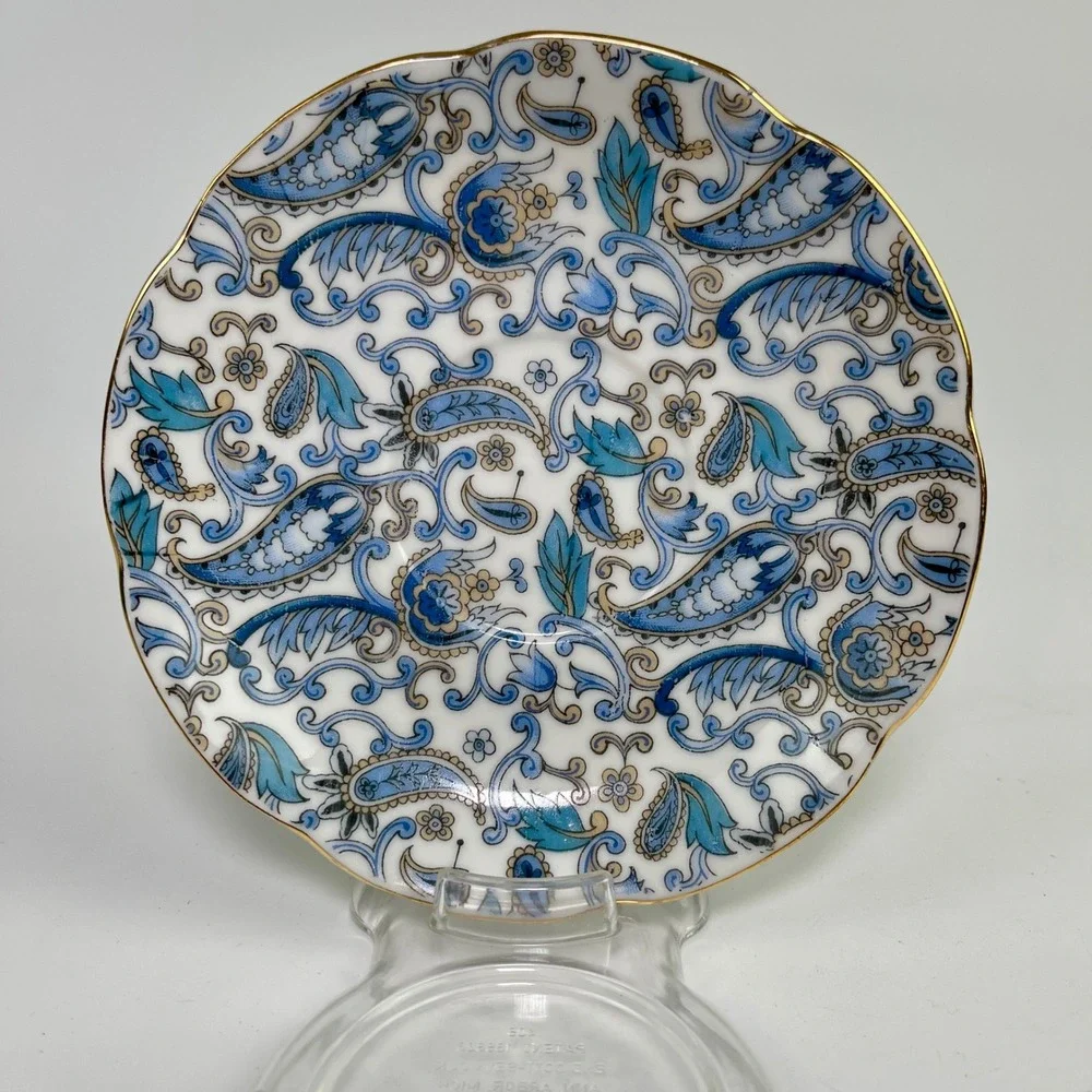 Lefton China Blue Paisley Teacup and Saucer‎ Set Hand Painted Gold Trim 2339
